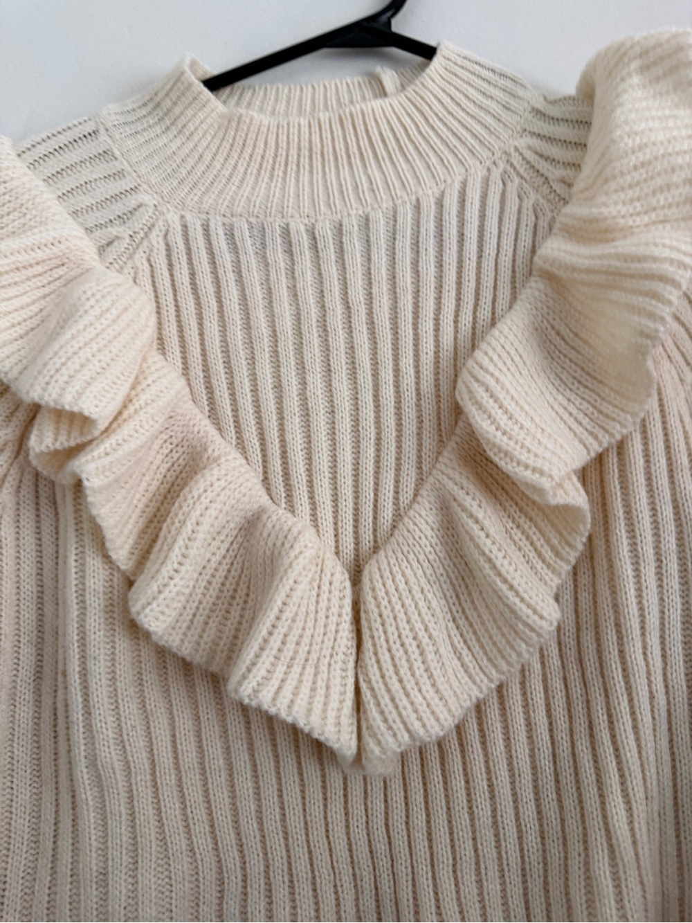 Cream Ribbed Ruffle Crewneck Sweater - Picture 4 of 10